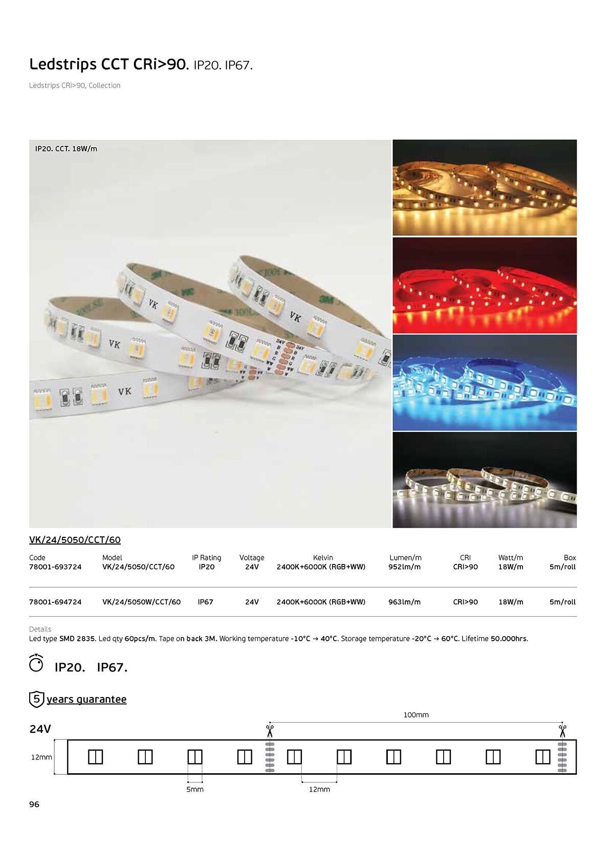 LED-bånd RGB+CCT 24V 18W/m CRI90 IP67 2400K–6000K (5 m)