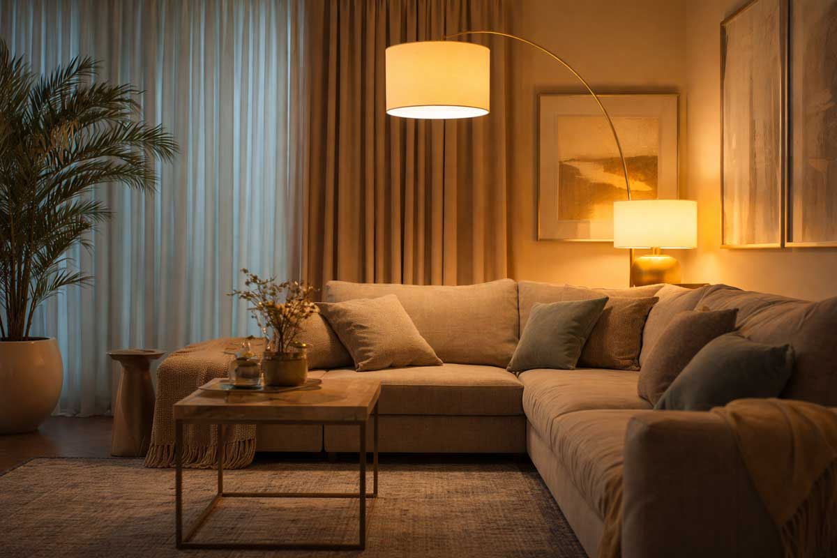 Moderní obývací pokoj s kombinací ambientního a dekorativního osvětlení vytvářející příjemnou večerní atmosféru