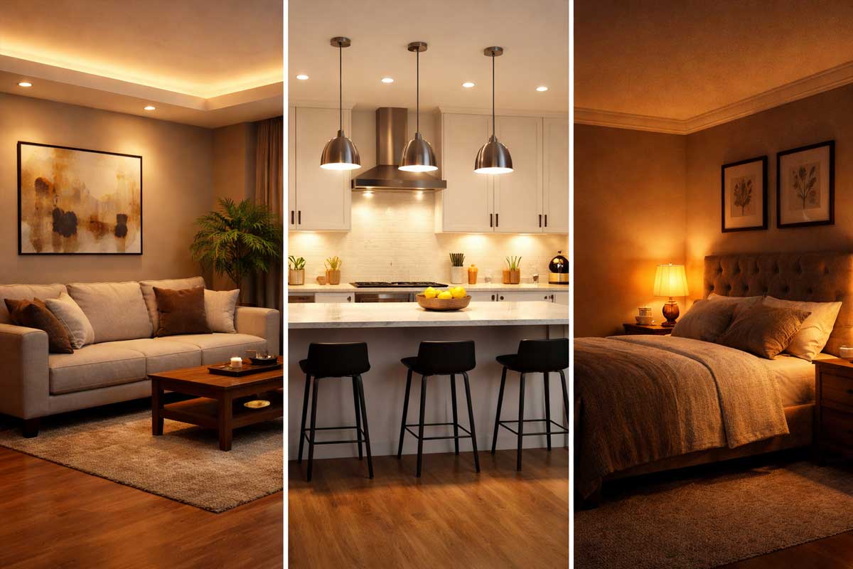 Srovnání osvětlení v interiéru – obývací pokoj, kuchyně a ložnice s různou intenzitou světla