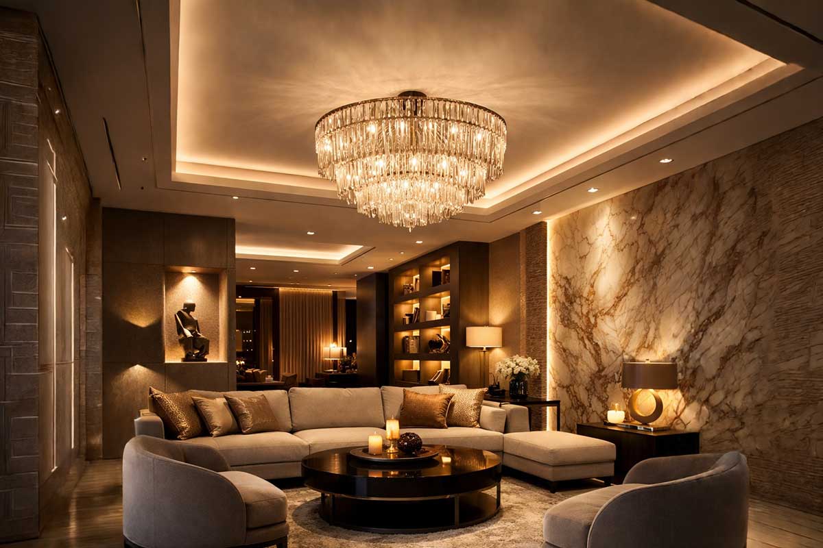 Luxusní obývací pokoj s vrstveným osvětlením, dominantním křišťálovým lustrem, nepřímým LED podsvícením stropu a elegantním nábytkem v teplých neutrálních tónech
