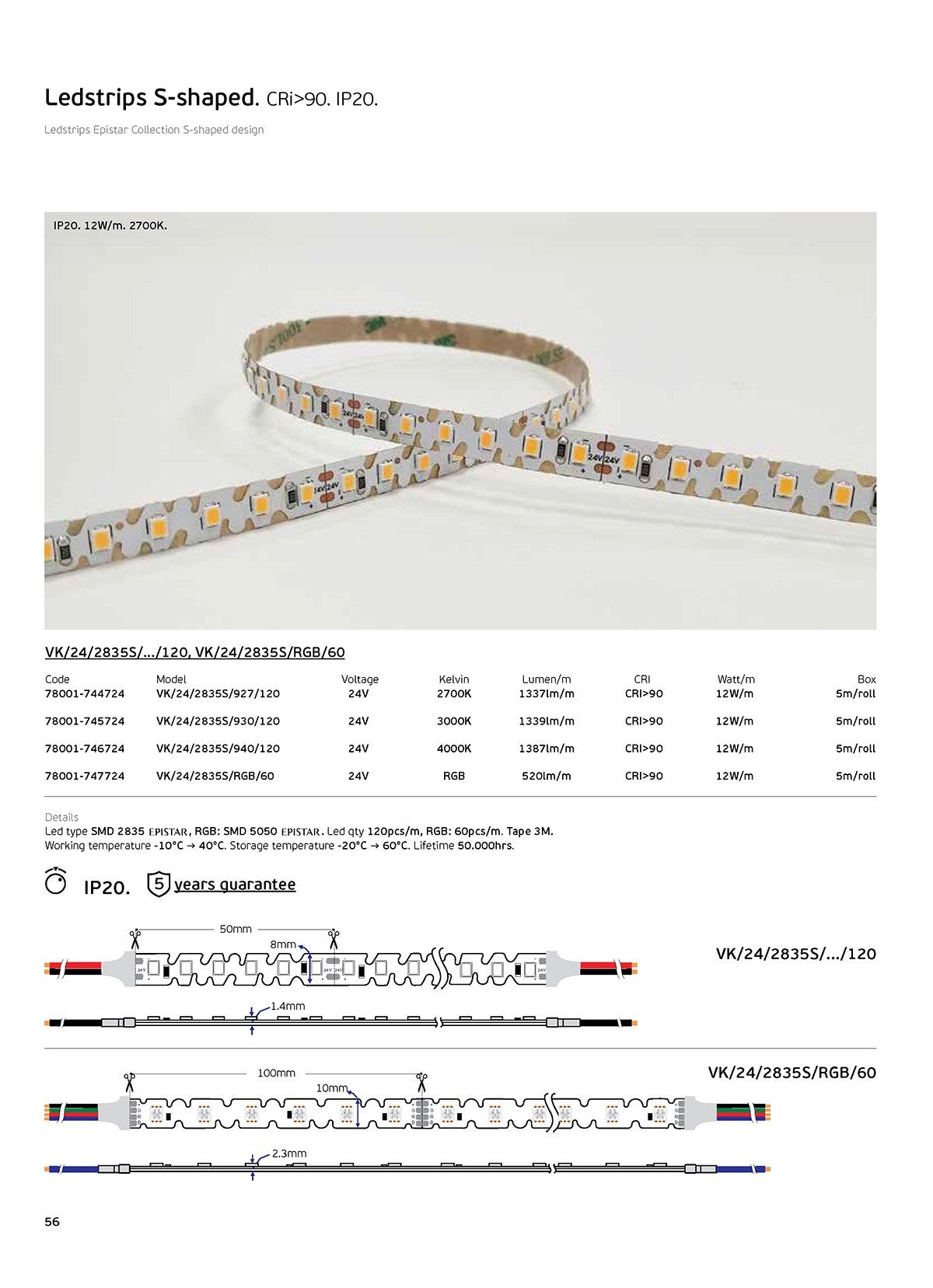 LED-bånd til sidebelysning S-Type 24V CRI90 IP20 2700K (5 m)
