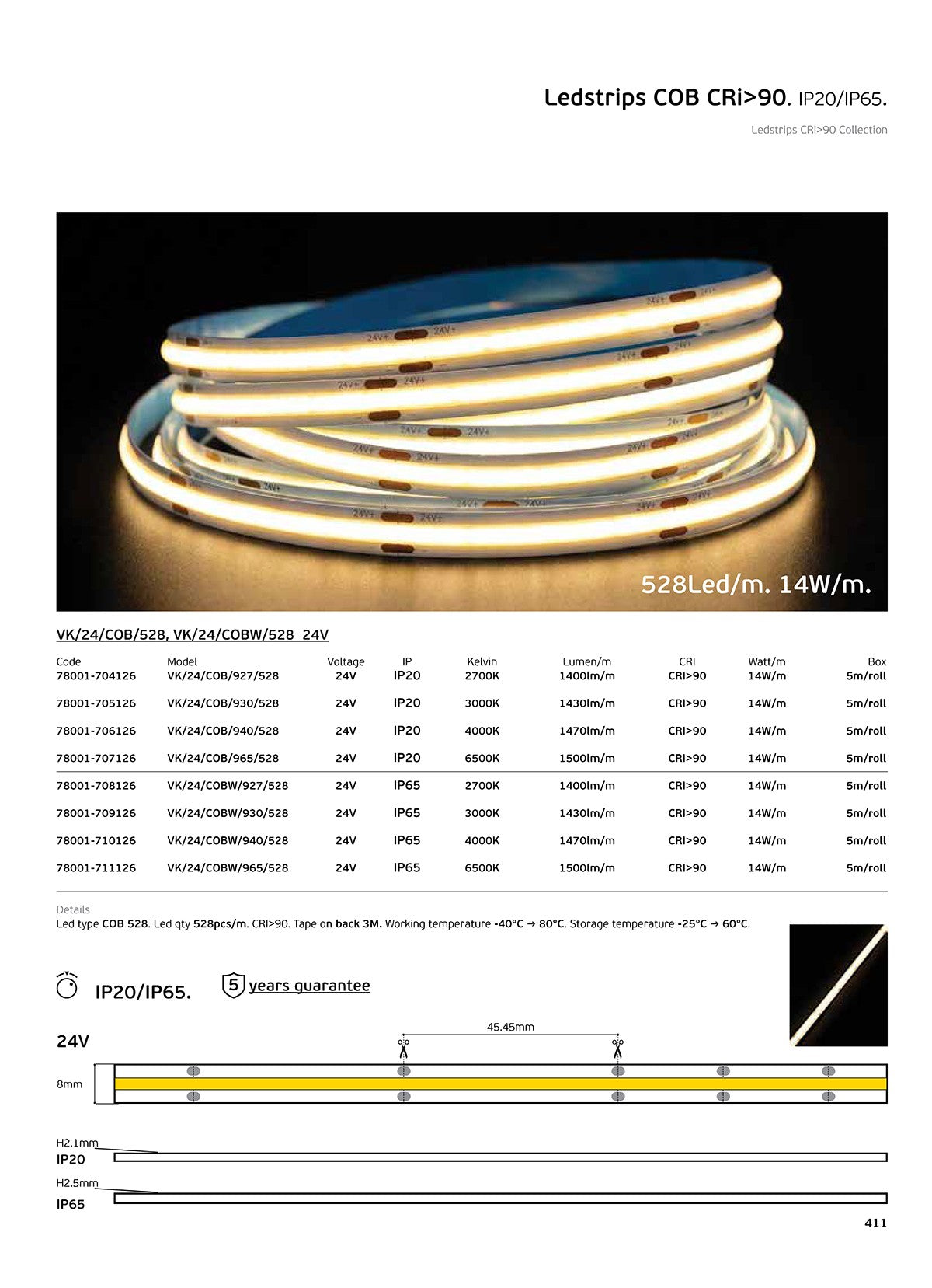 LED-bånd COB 24 V CRI90 IP20 3000 K/4000 K, dæmpbart (5 m)