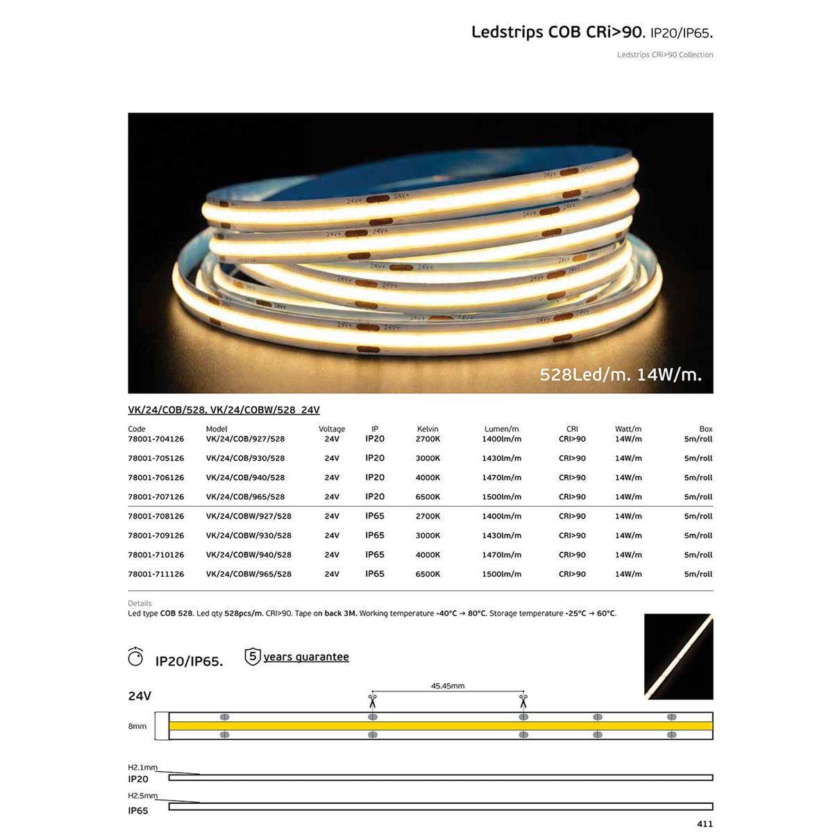 LED COB-bånd 24 V, CRI 90, IP65, 3000 K, dæmpbar (5 m)