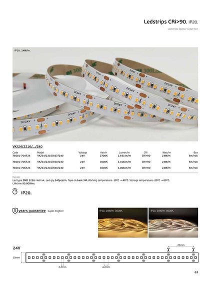 LED-bånd 24V CRI90 IP20 2700K (5 m)