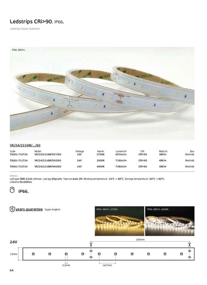 LED-bånd 24V CRI90 IP66 2700K (5 m)