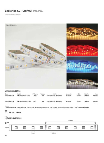 LED-bånd RGB+CCT 24V 18W/m CRI90 IP67 2400K–6000K (5 m)